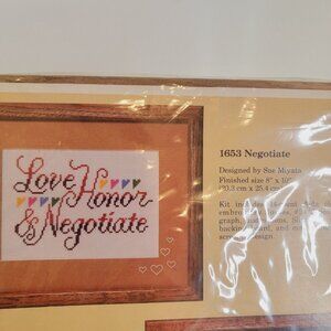 The Creative Circle #1653 "Love, Honor, Negotiate" VTG Counted Cross Stitch Kit